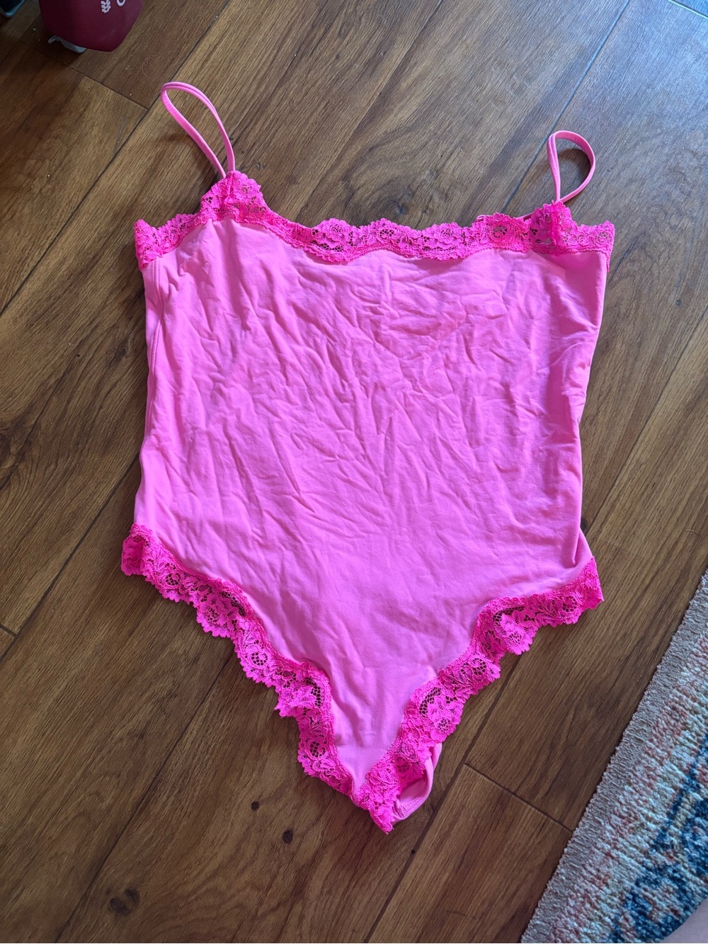 SKIMS Hot Pink Lace-Trim Slip Bodysuit
